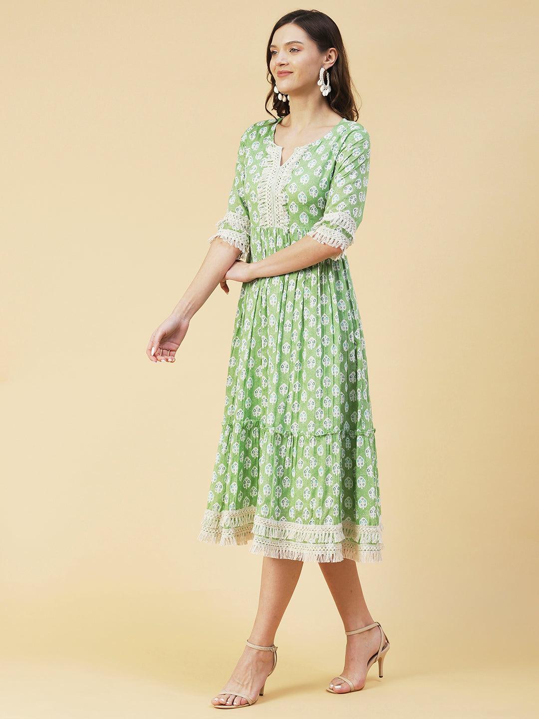 Floral Ethnic Printed Fringed Lace Ornamented Tiered Dress - Green - Indiakreations