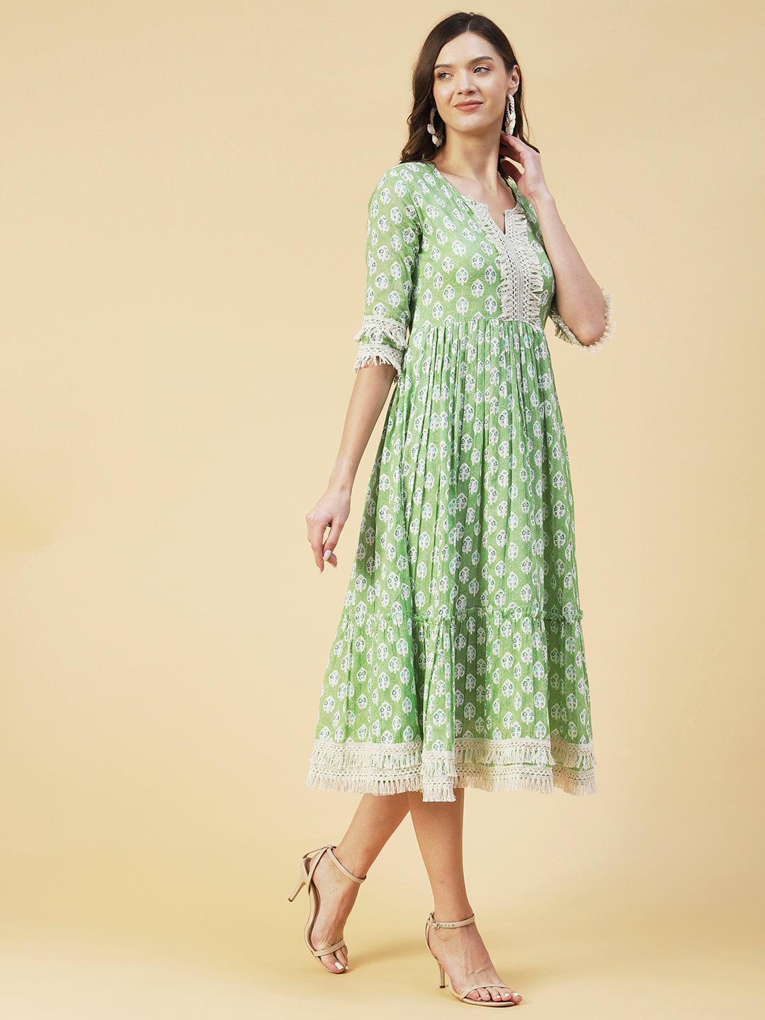 Floral Ethnic Printed Fringed Lace Ornamented Tiered Dress - Green - Indiakreations