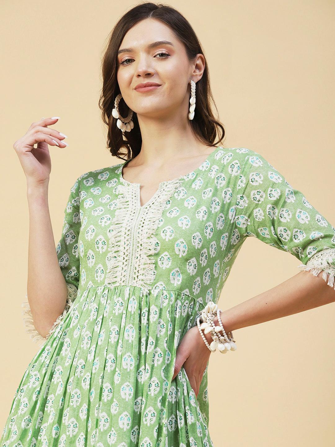 Floral Ethnic Printed Fringed Lace Ornamented Tiered Dress - Green - Indiakreations