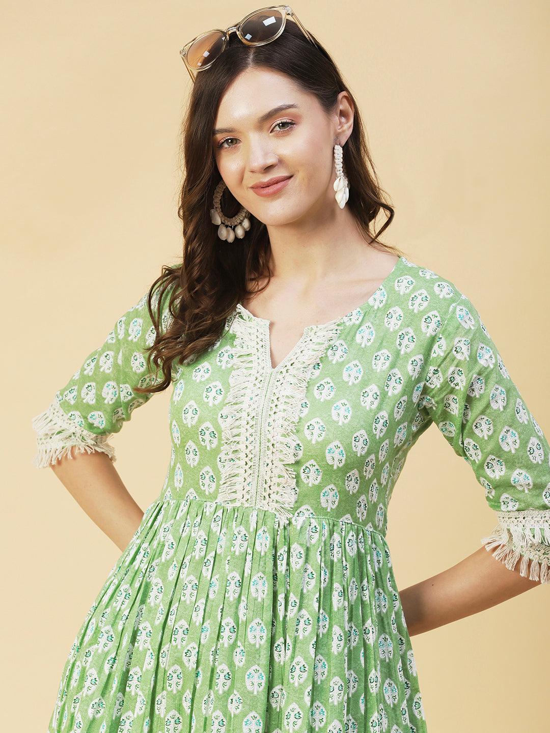 Floral Ethnic Printed Fringed Lace Ornamented Tiered Dress - Green - Indiakreations