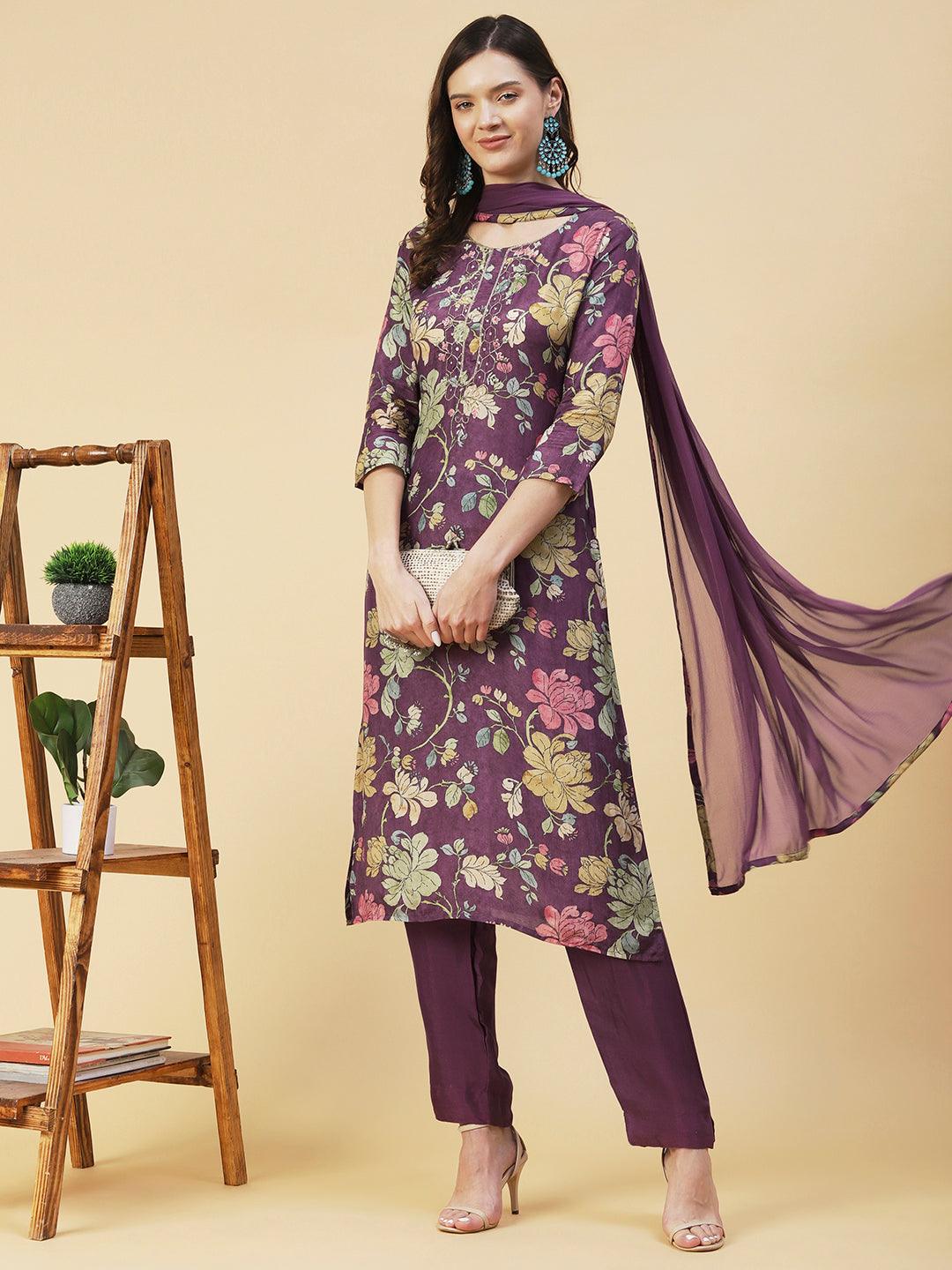 Floral printed Zari Embroidered Kurta With Pants & Dupatta - Mauve - Indiakreations