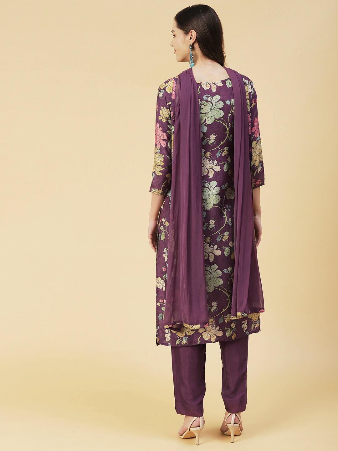 Floral printed Zari Embroidered Kurta With Pants & Dupatta - Mauve - Indiakreations