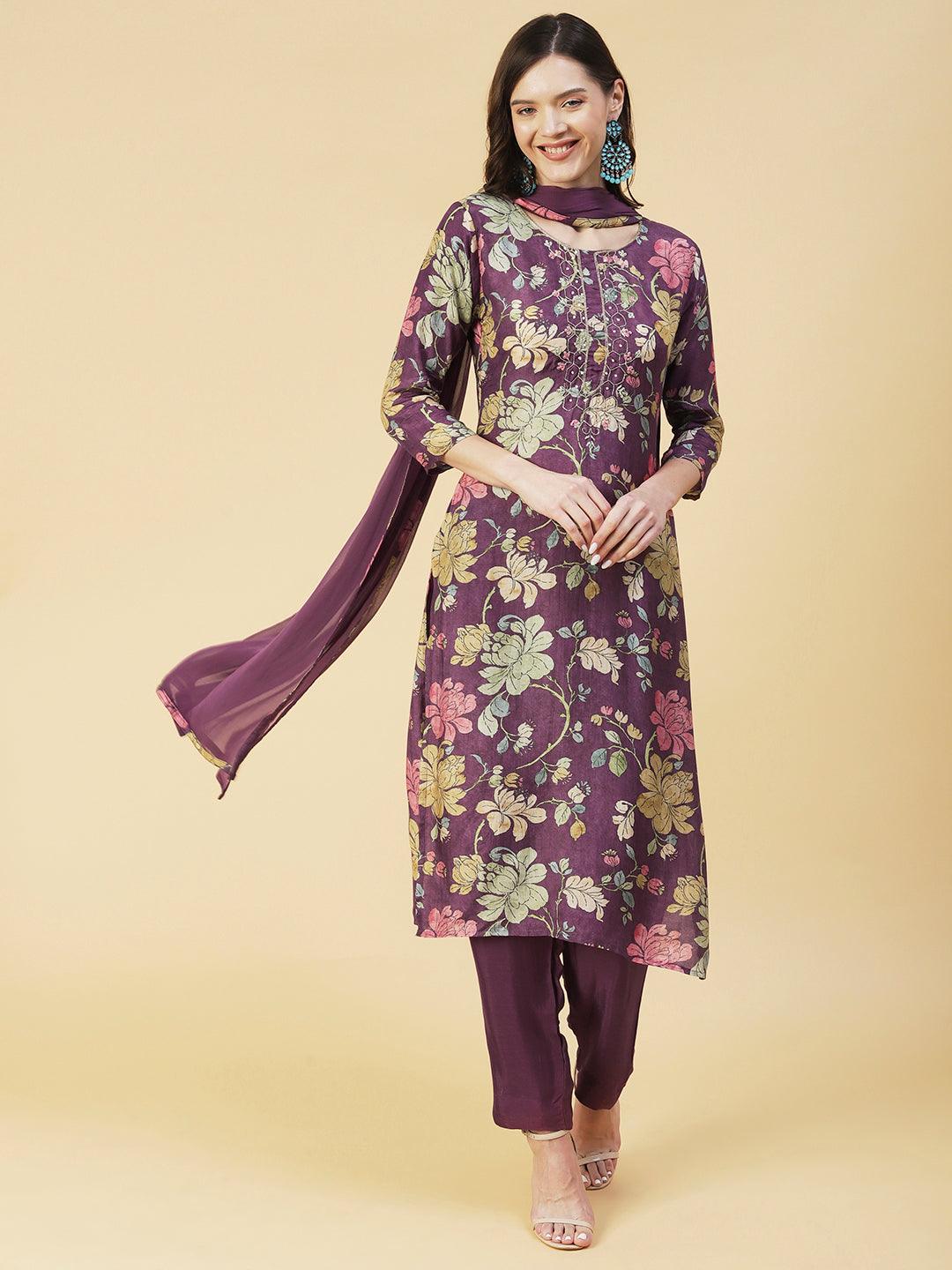 Floral printed Zari Embroidered Kurta With Pants & Dupatta - Mauve - Indiakreations