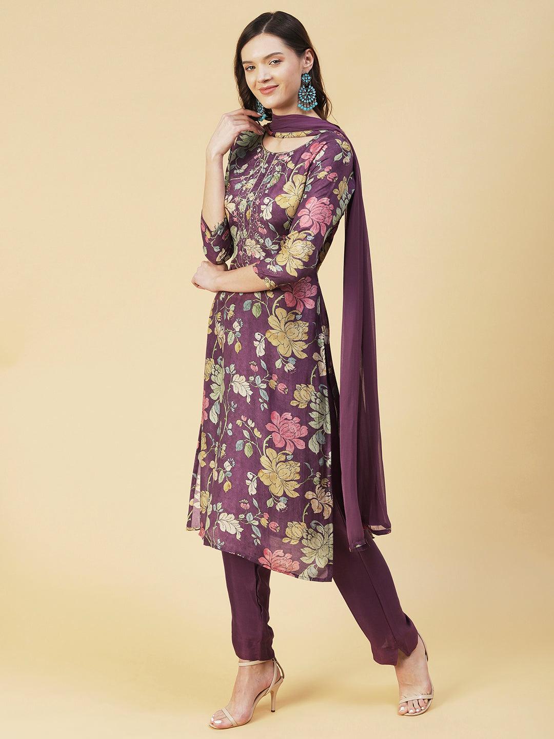 Floral printed Zari Embroidered Kurta With Pants & Dupatta - Mauve - Indiakreations