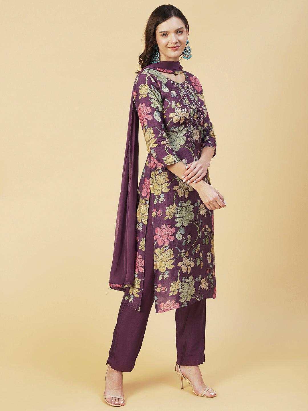 Floral printed Zari Embroidered Kurta With Pants & Dupatta - Mauve - Indiakreations