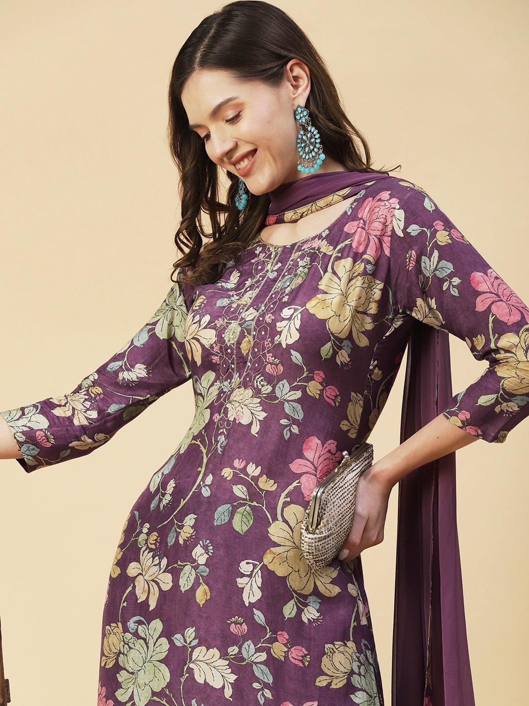 Floral printed Zari Embroidered Kurta With Pants & Dupatta - Mauve - Indiakreations