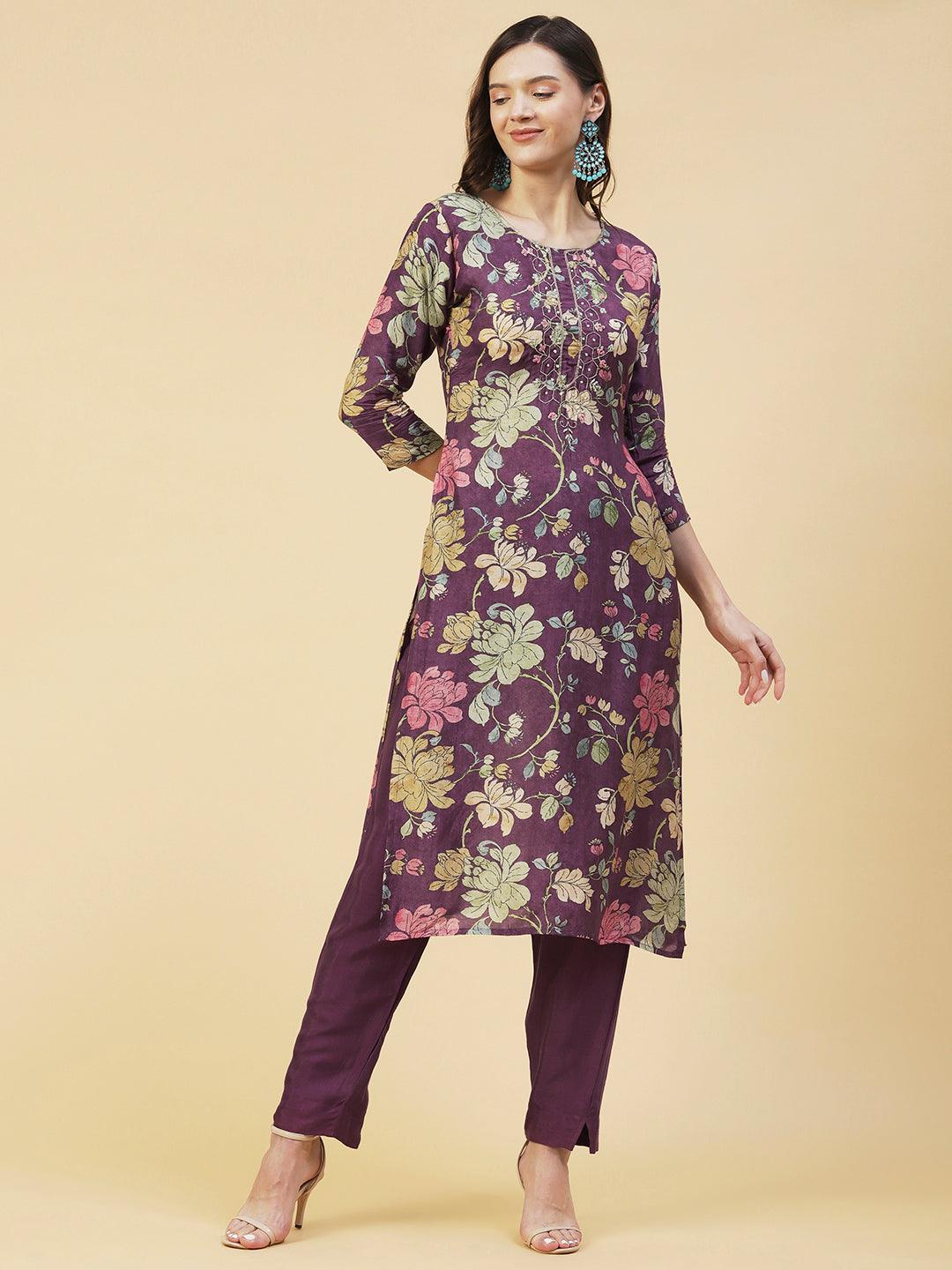 Floral printed Zari Embroidered Kurta With Pants & Dupatta - Mauve - Indiakreations