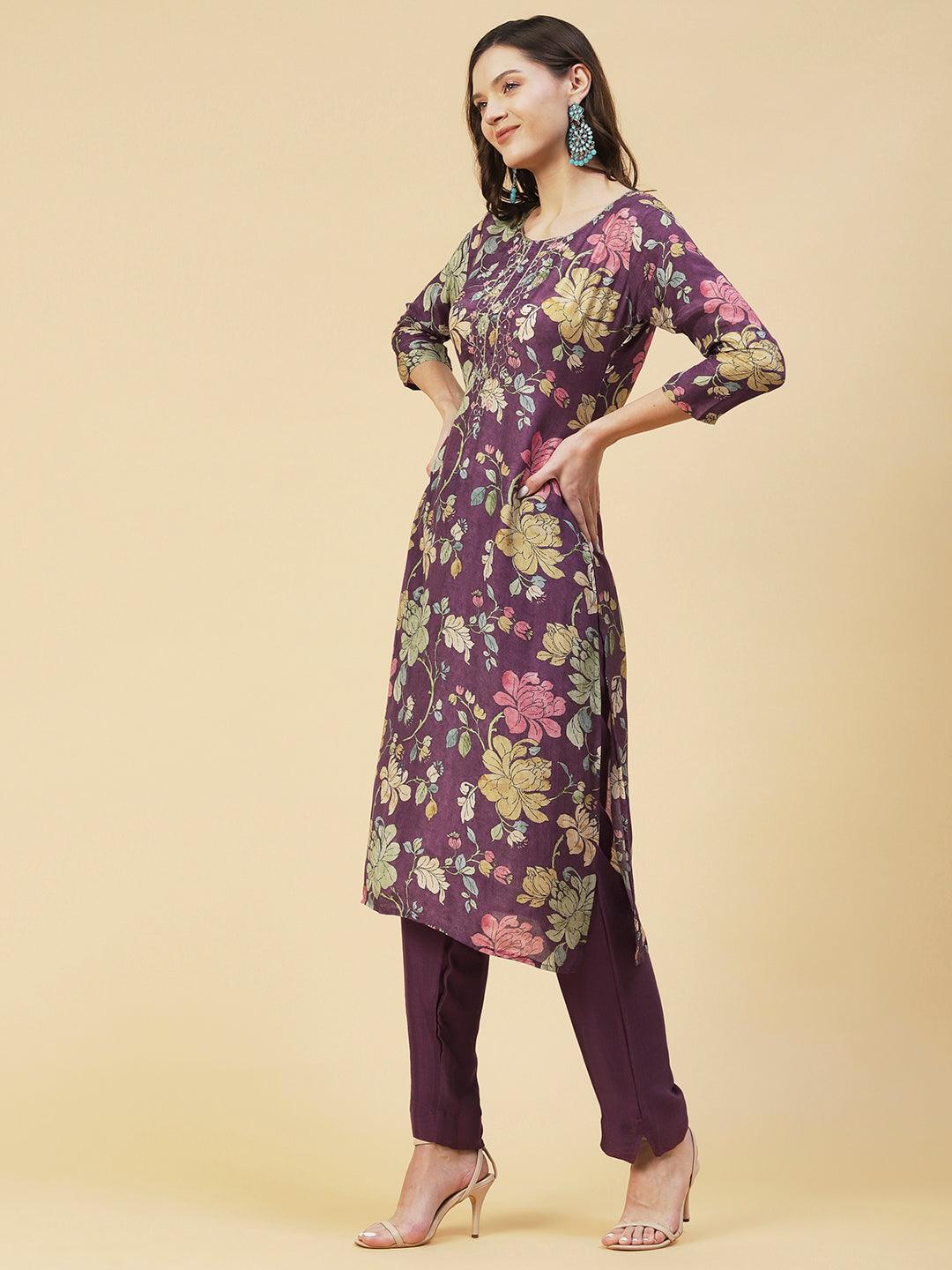 Floral printed Zari Embroidered Kurta With Pants & Dupatta - Mauve - Indiakreations