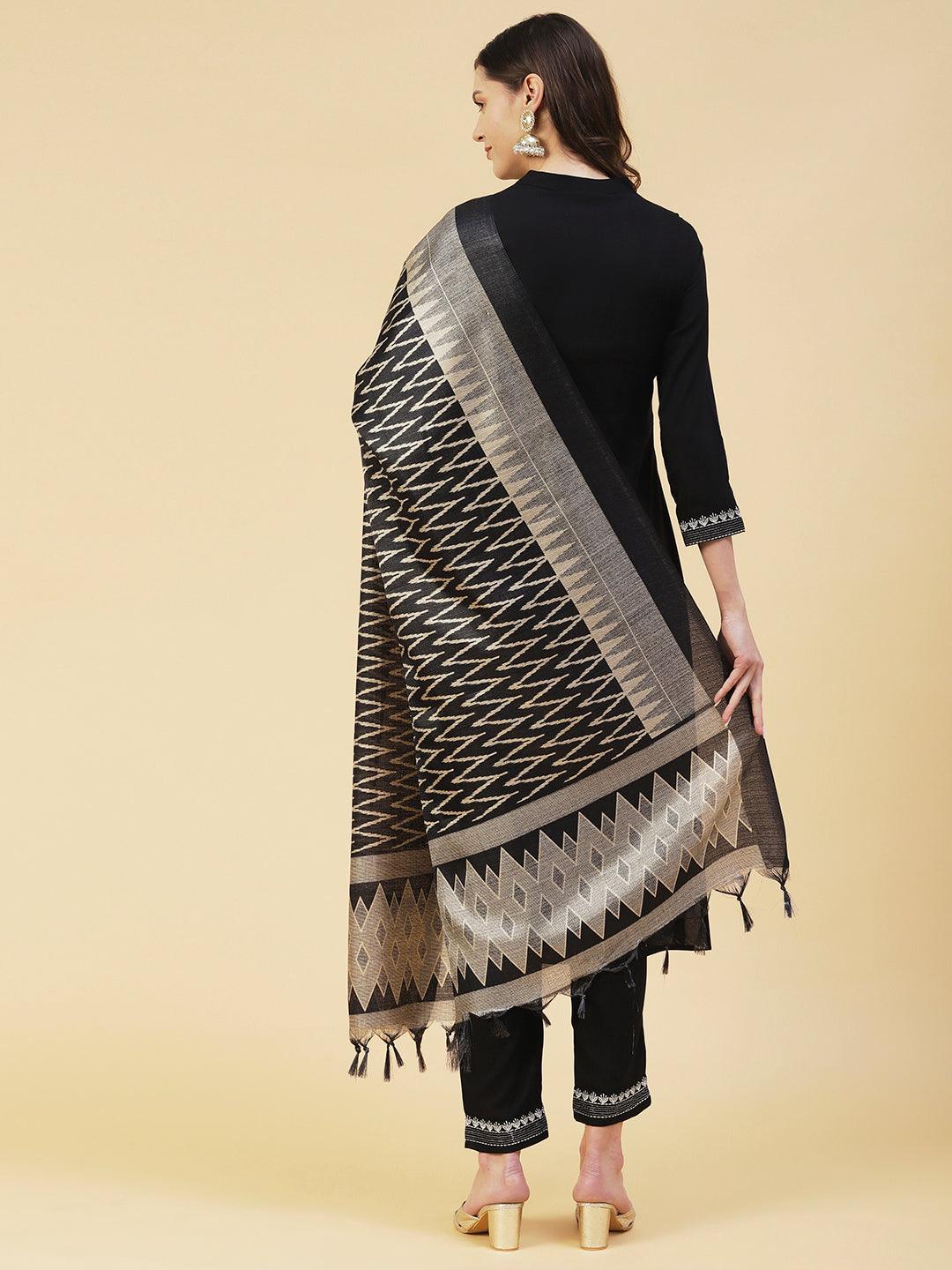 Solid Zari Embroidered Kurta With Pants & Chevron Printed Dupatta - Black - Indiakreations