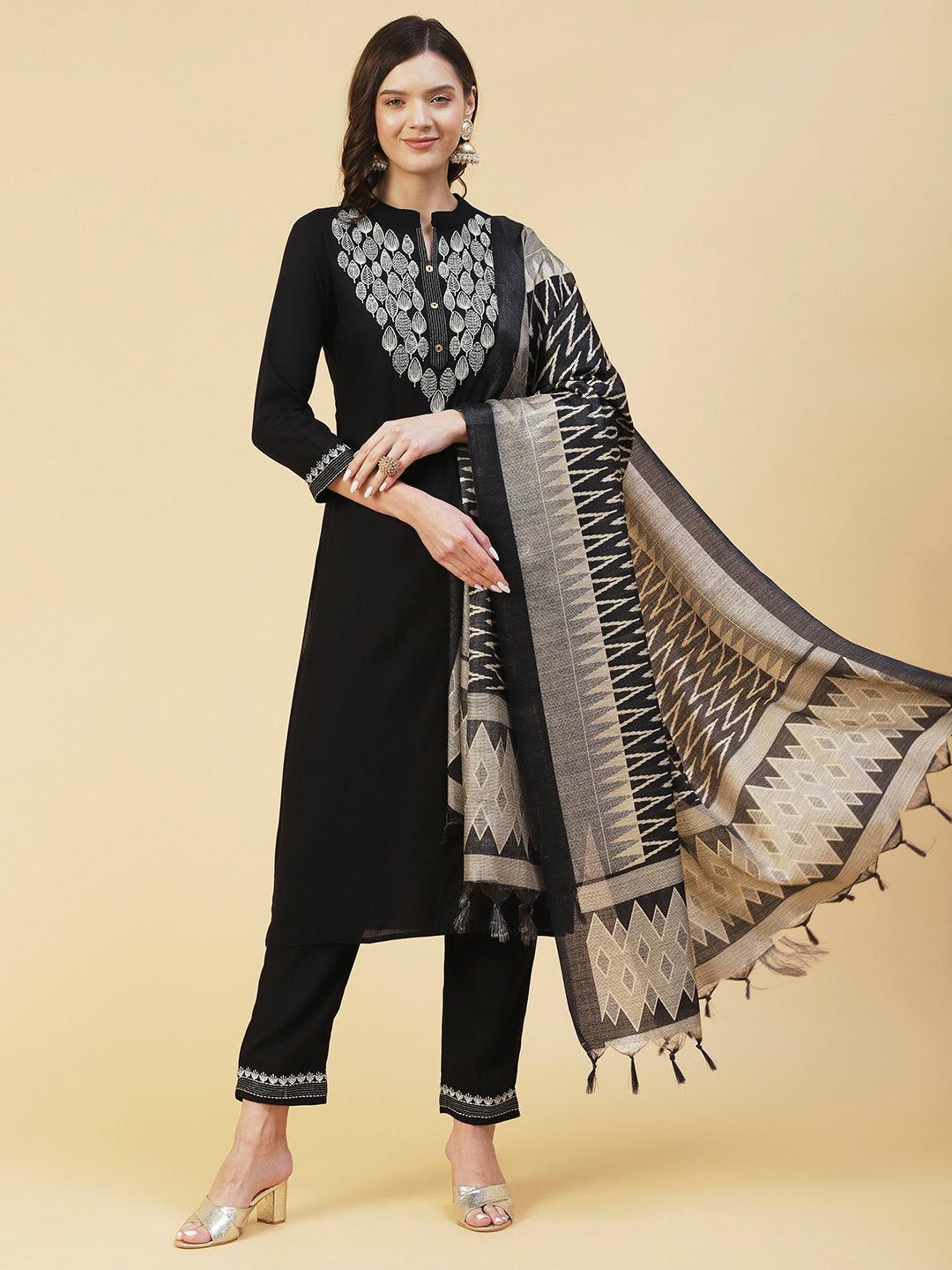 Solid Zari Embroidered Kurta With Pants & Chevron Printed Dupatta - Black - Indiakreations