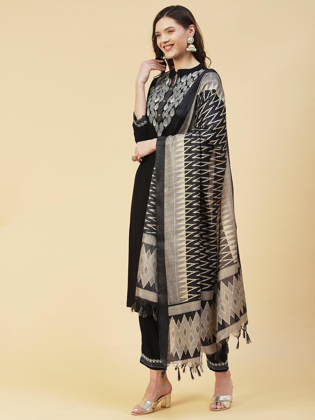 Solid Zari Embroidered Kurta With Pants & Chevron Printed Dupatta - Black - Indiakreations