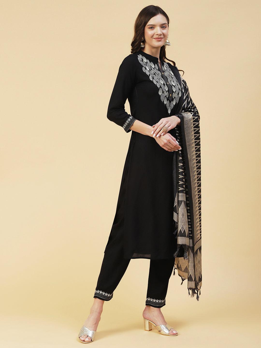 Solid Zari Embroidered Kurta With Pants & Chevron Printed Dupatta - Black - Indiakreations