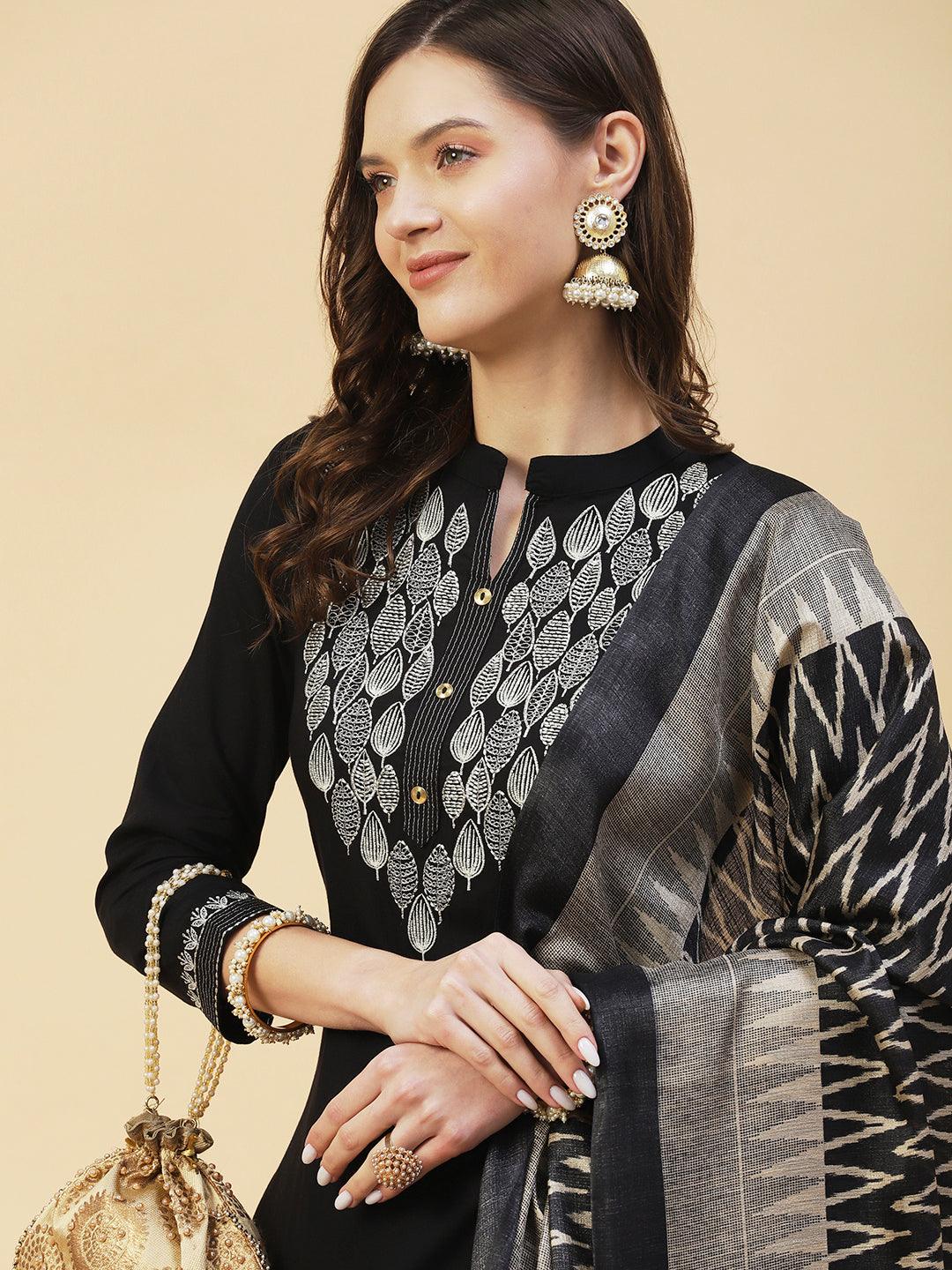 Solid Zari Embroidered Kurta With Pants & Chevron Printed Dupatta - Black - Indiakreations