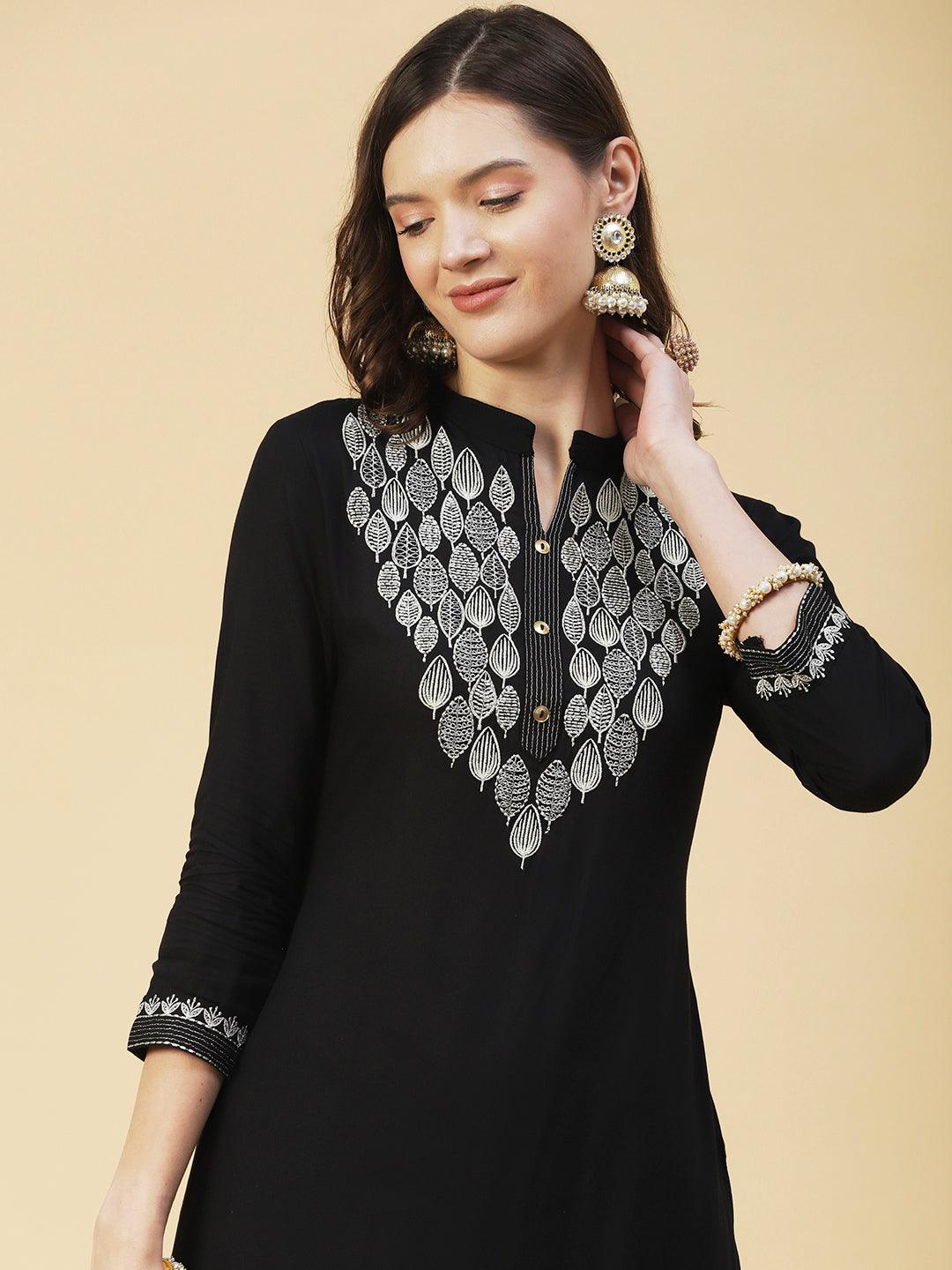 Solid Zari Embroidered Kurta With Pants & Chevron Printed Dupatta - Black - Indiakreations