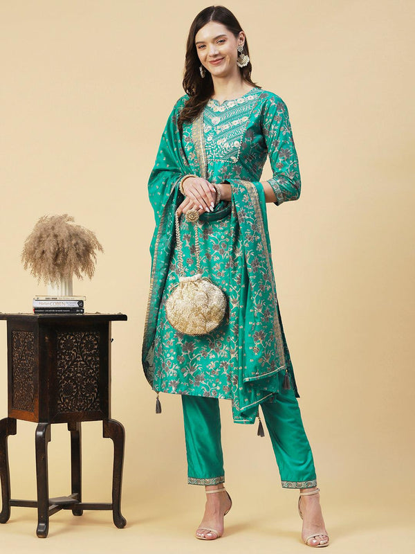 Floral Printed Zari Embroidered Kurta With Pants & Dupatta - Teal - Indiakreations