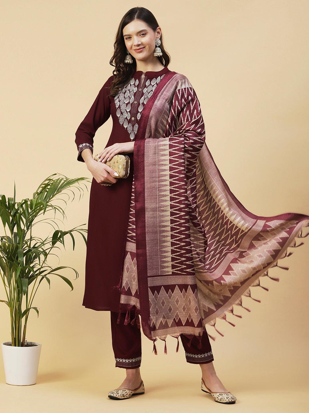 Solid Zari Embroidered Kurta With Pants & Chevron Printed Dupatta - Maroon - Indiakreations