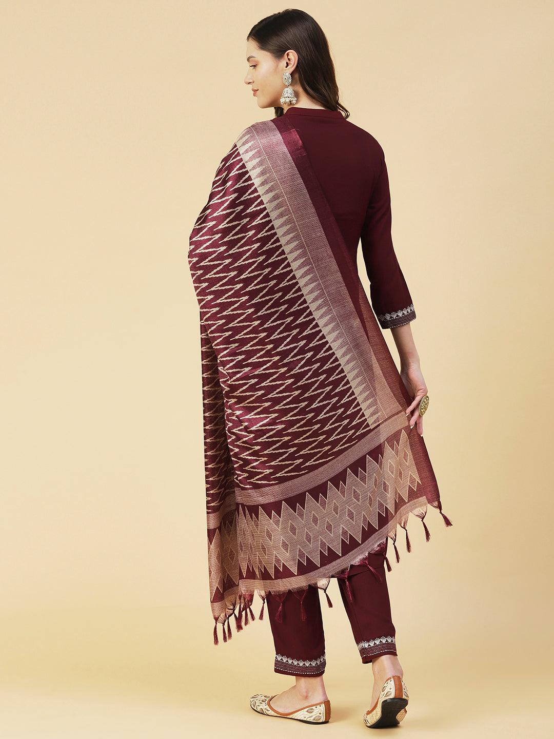 Solid Zari Embroidered Kurta With Pants & Chevron Printed Dupatta - Maroon - Indiakreations