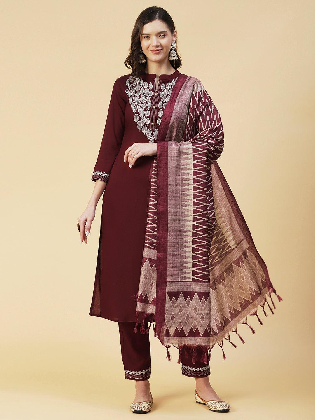 Solid Zari Embroidered Kurta With Pants & Chevron Printed Dupatta - Maroon - Indiakreations