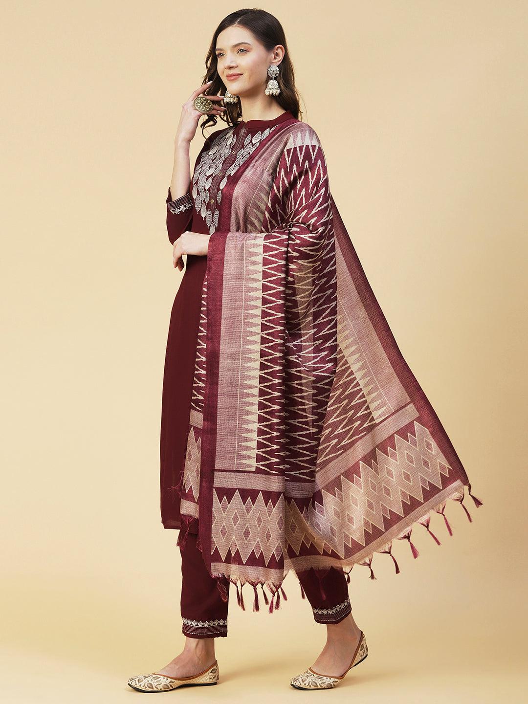 Solid Zari Embroidered Kurta With Pants & Chevron Printed Dupatta - Maroon - Indiakreations