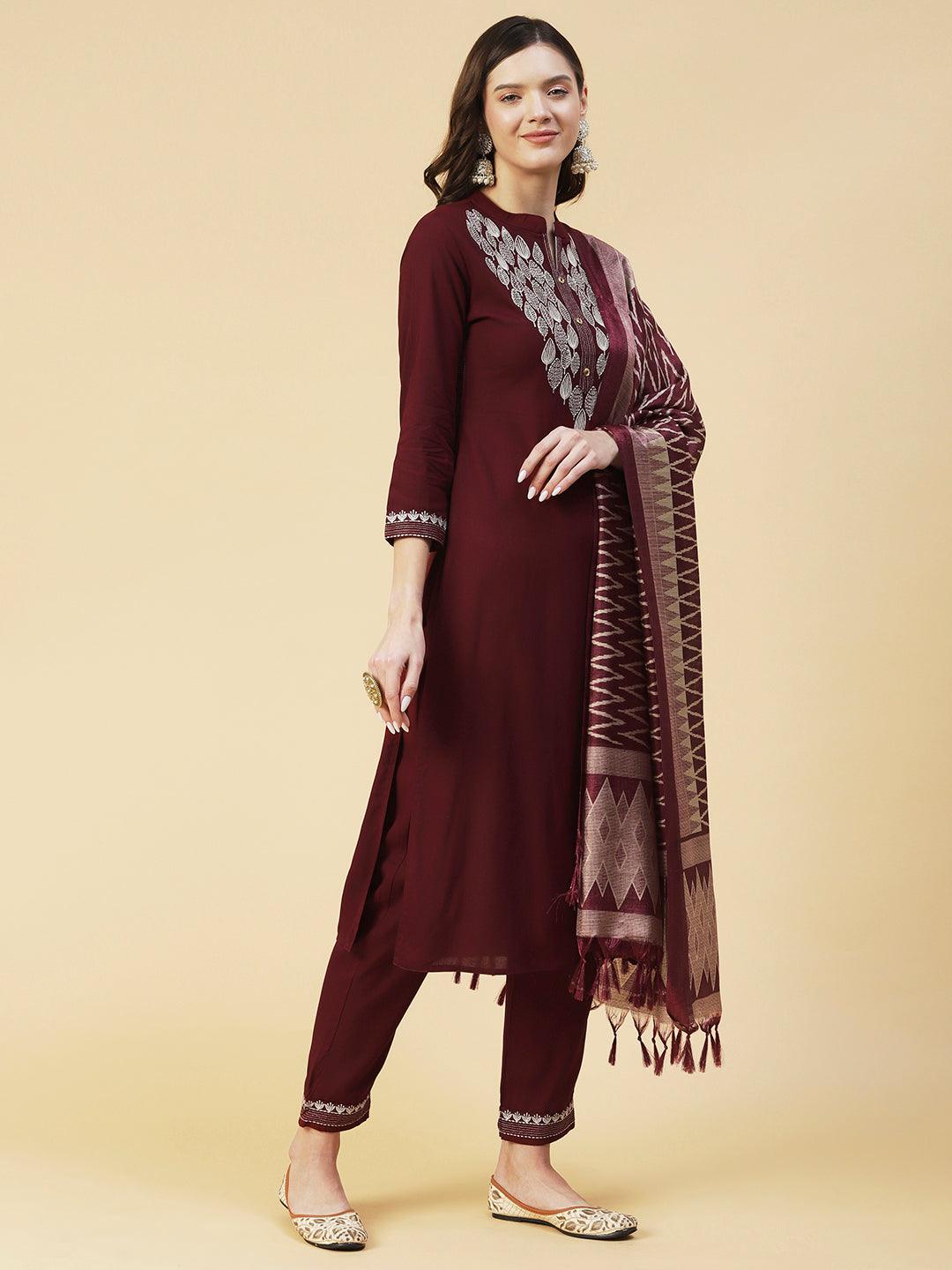 Solid Zari Embroidered Kurta With Pants & Chevron Printed Dupatta - Maroon - Indiakreations