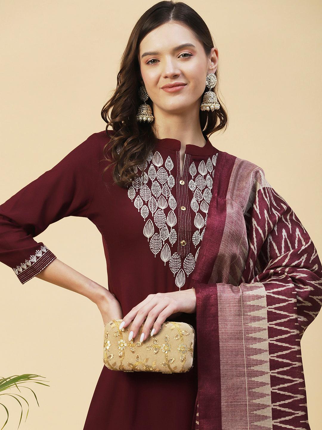 Solid Zari Embroidered Kurta With Pants & Chevron Printed Dupatta - Maroon - Indiakreations