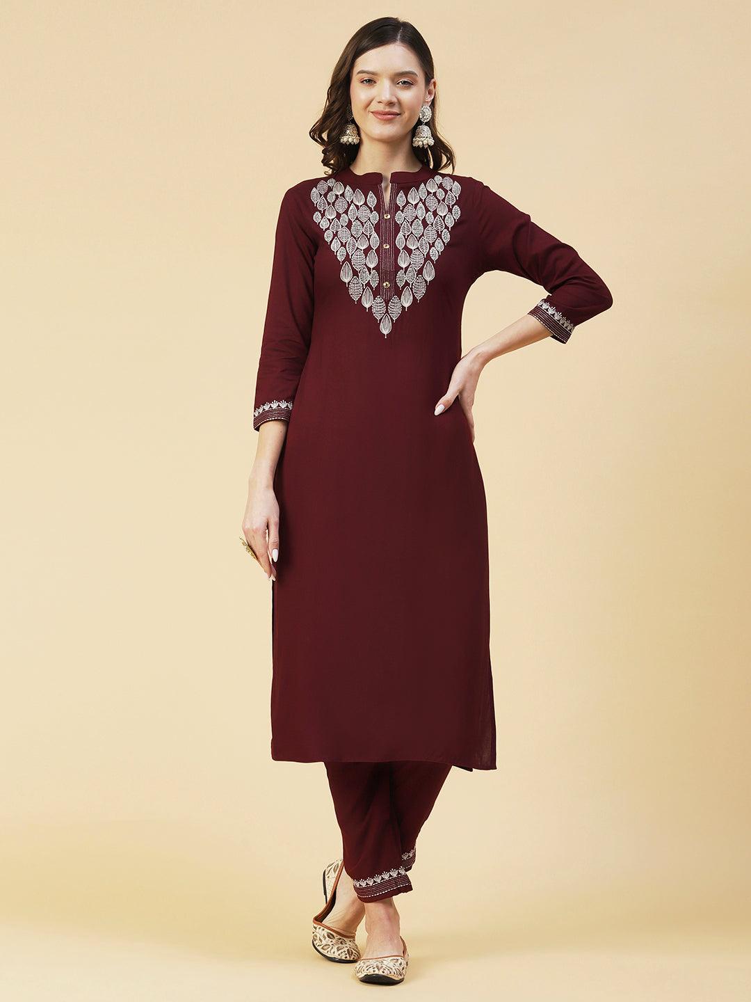 Solid Zari Embroidered Kurta With Pants & Chevron Printed Dupatta - Maroon - Indiakreations