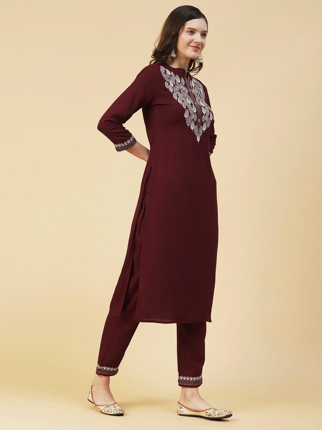 Solid Zari Embroidered Kurta With Pants & Chevron Printed Dupatta - Maroon - Indiakreations