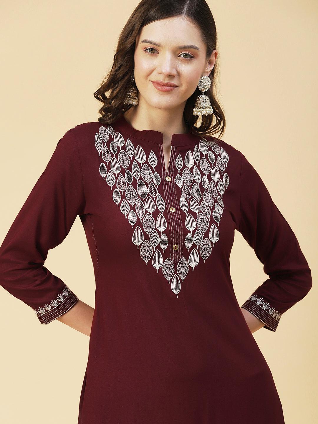 Solid Zari Embroidered Kurta With Pants & Chevron Printed Dupatta - Maroon - Indiakreations