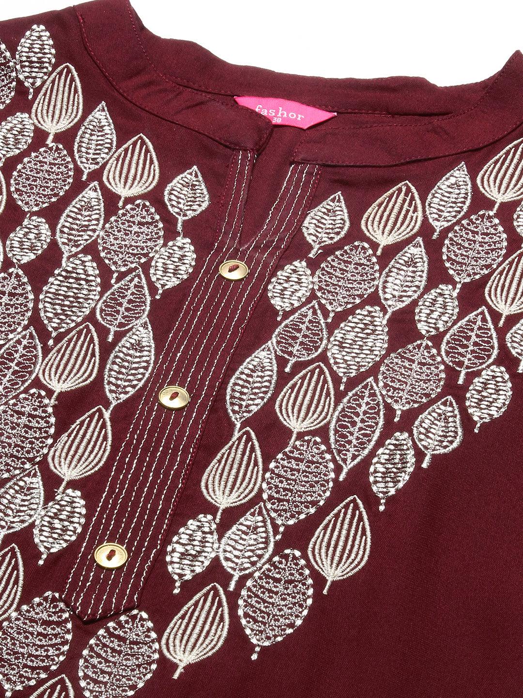 Solid Zari Embroidered Kurta With Pants & Chevron Printed Dupatta - Maroon - Indiakreations