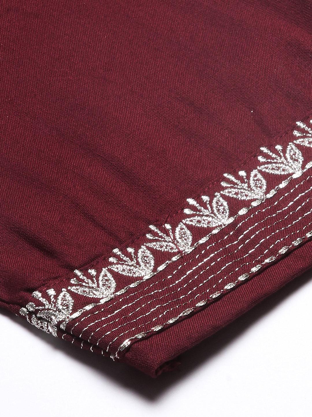 Solid Zari Embroidered Kurta With Pants & Chevron Printed Dupatta - Maroon - Indiakreations