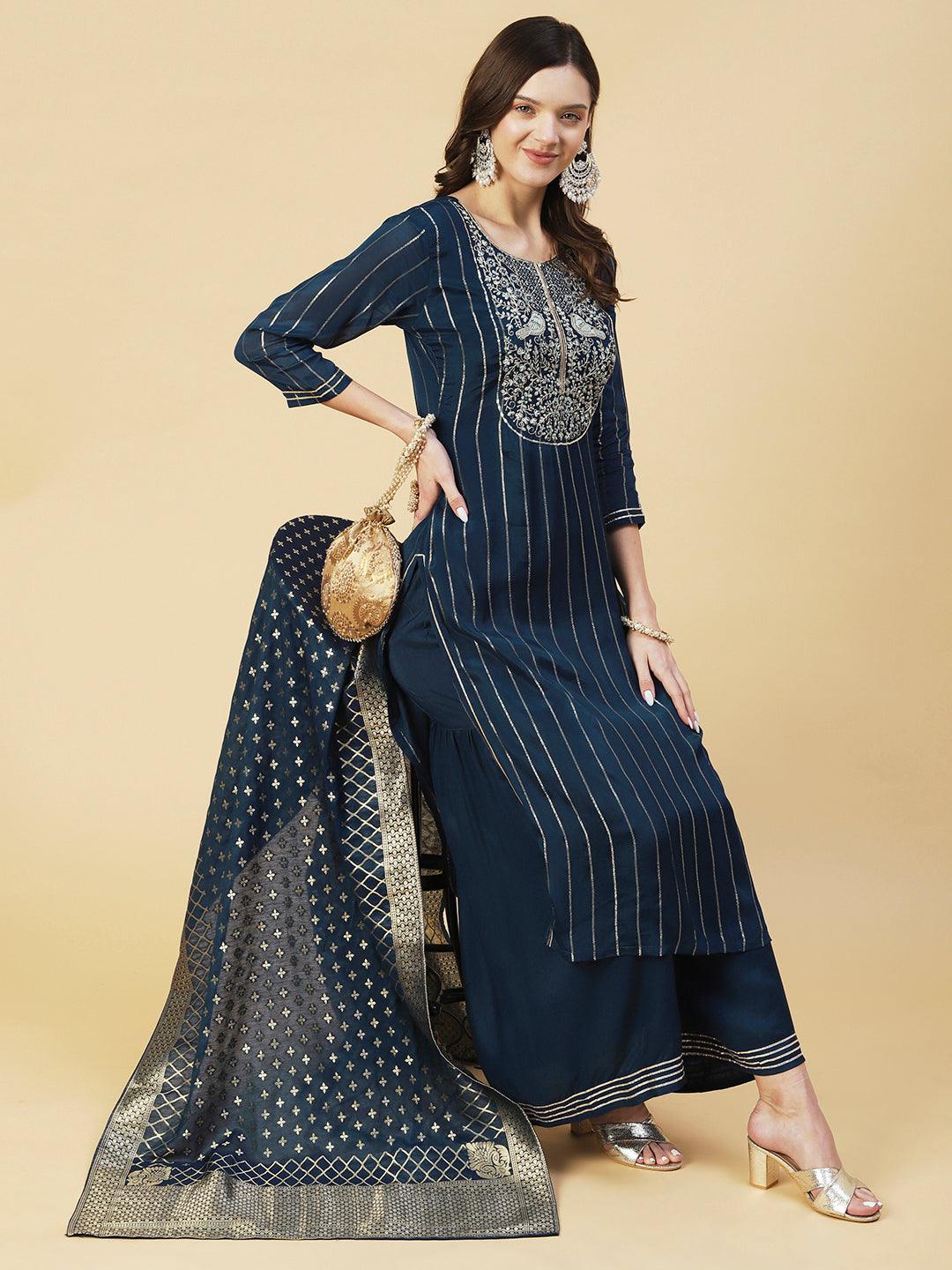 Lurex Striped & Embroidered Straight Kurta with Sharara & Dupatta - Teal Blue - Indiakreations