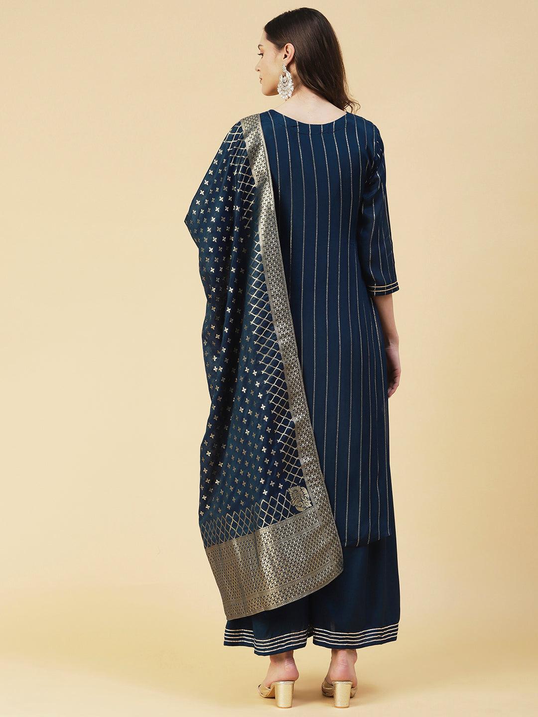 Lurex Striped & Embroidered Straight Kurta with Sharara & Dupatta - Teal Blue - Indiakreations