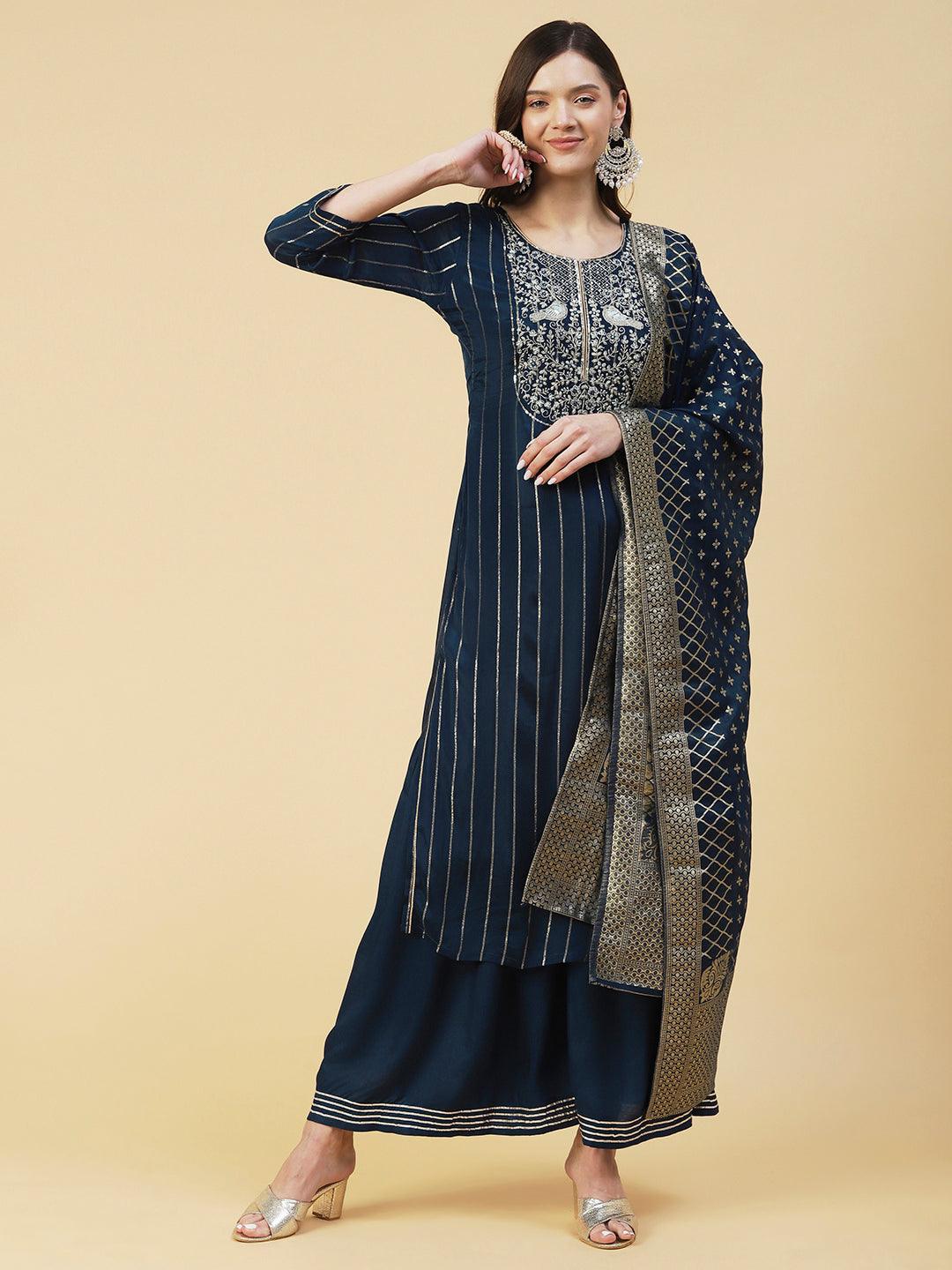 Lurex Striped & Embroidered Straight Kurta with Sharara & Dupatta - Teal Blue - Indiakreations