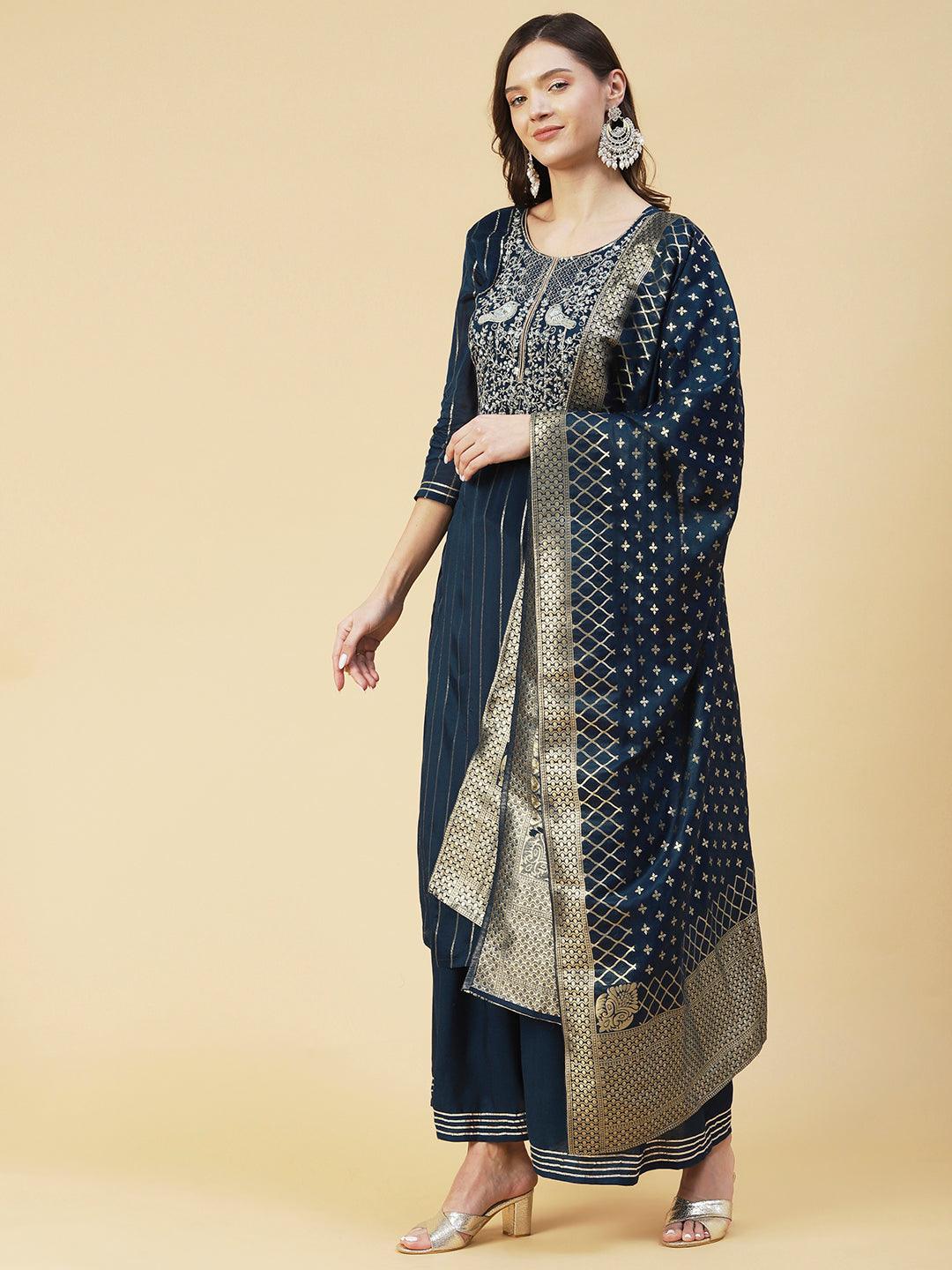 Lurex Striped & Embroidered Straight Kurta with Sharara & Dupatta - Teal Blue - Indiakreations