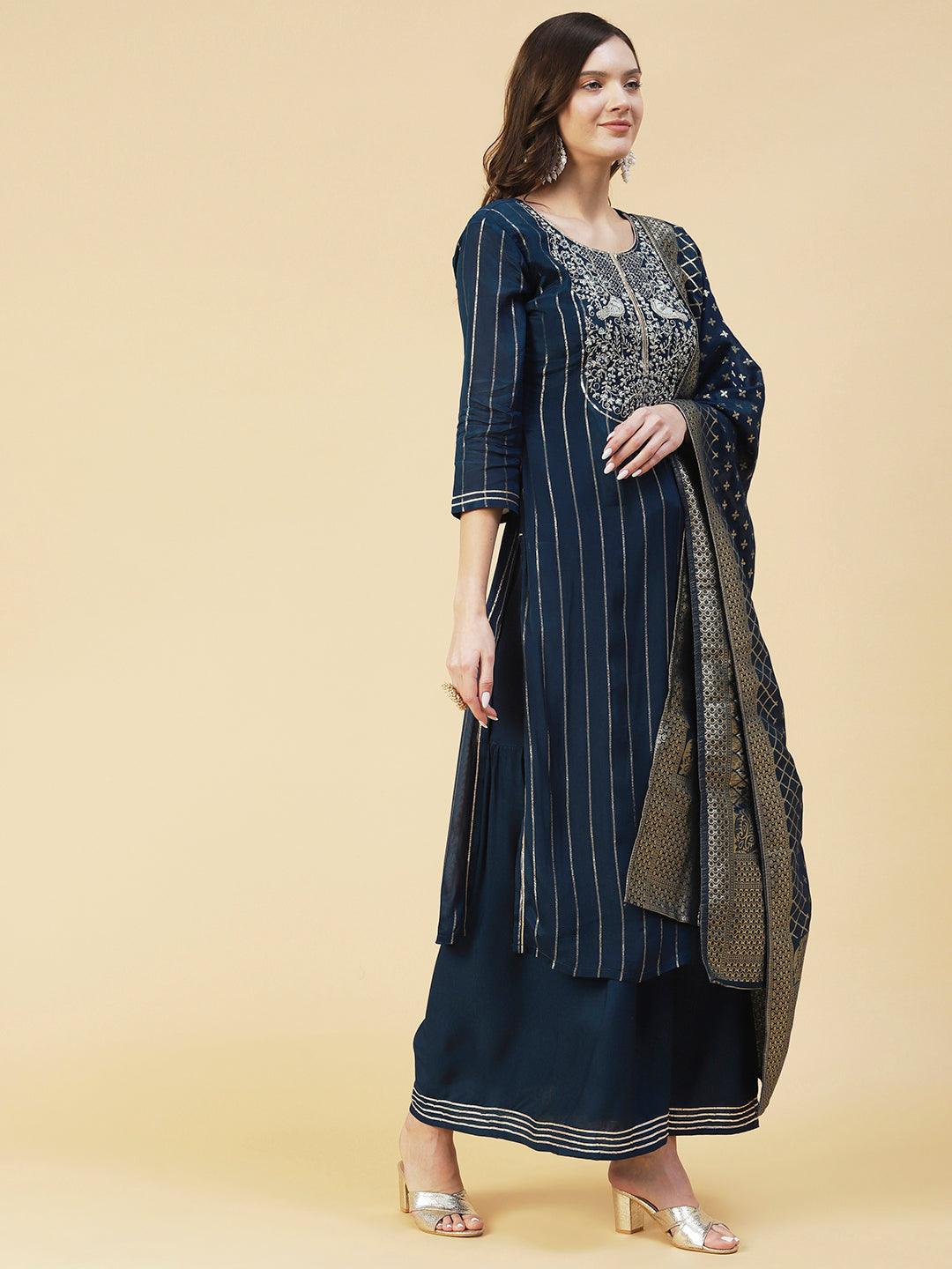 Lurex Striped & Embroidered Straight Kurta with Sharara & Dupatta - Teal Blue - Indiakreations