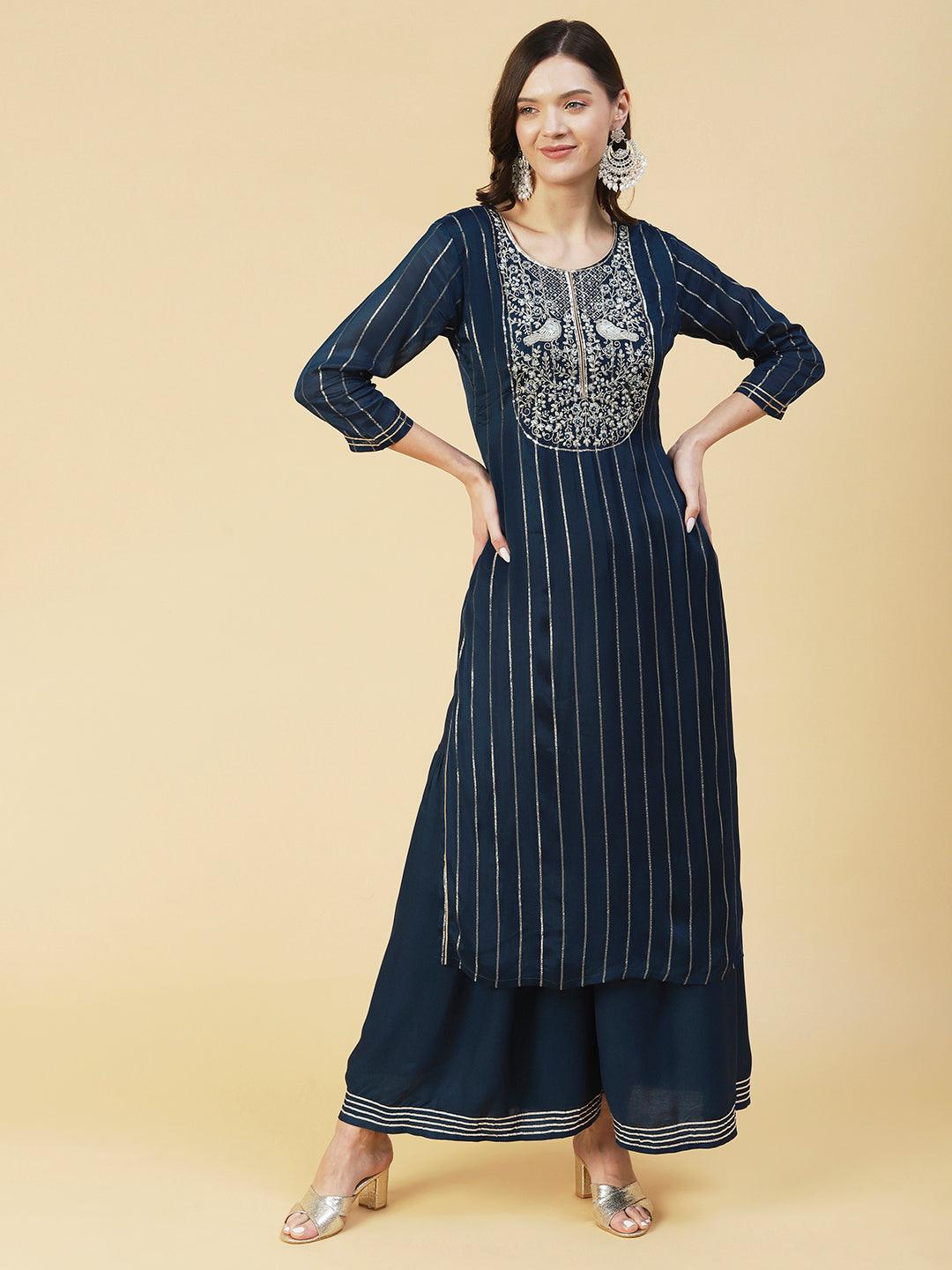 Lurex Striped & Embroidered Straight Kurta with Sharara & Dupatta - Teal Blue - Indiakreations