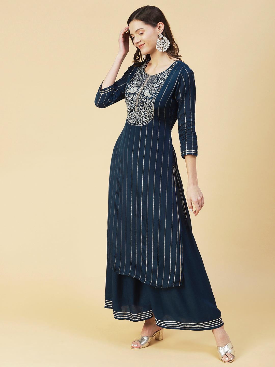 Lurex Striped & Embroidered Straight Kurta with Sharara & Dupatta - Teal Blue - Indiakreations