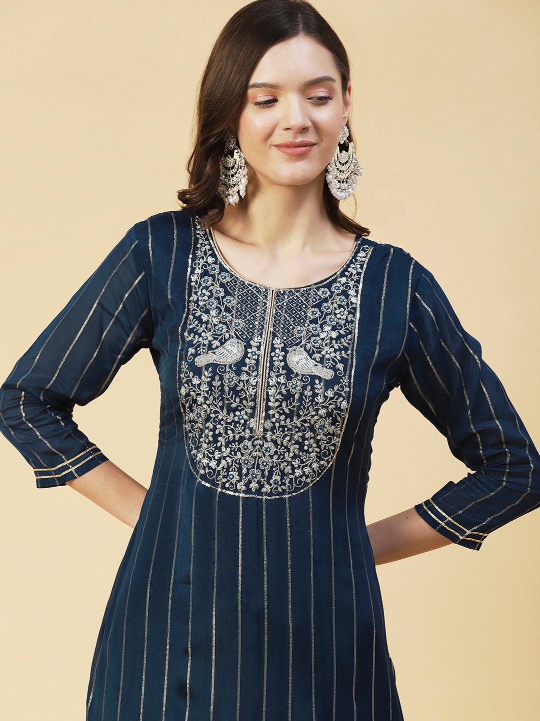 Lurex Striped & Embroidered Straight Kurta with Sharara & Dupatta - Teal Blue - Indiakreations