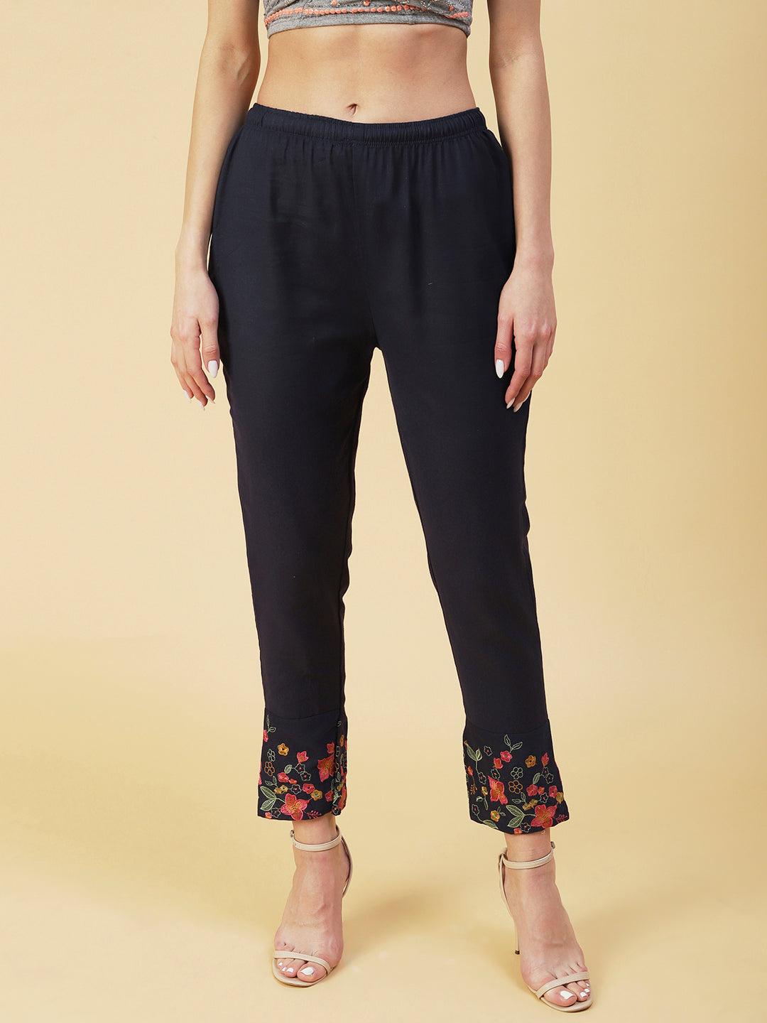 Floral Embroidered Straight Fit Pant - Dark Grey - Indiakreations