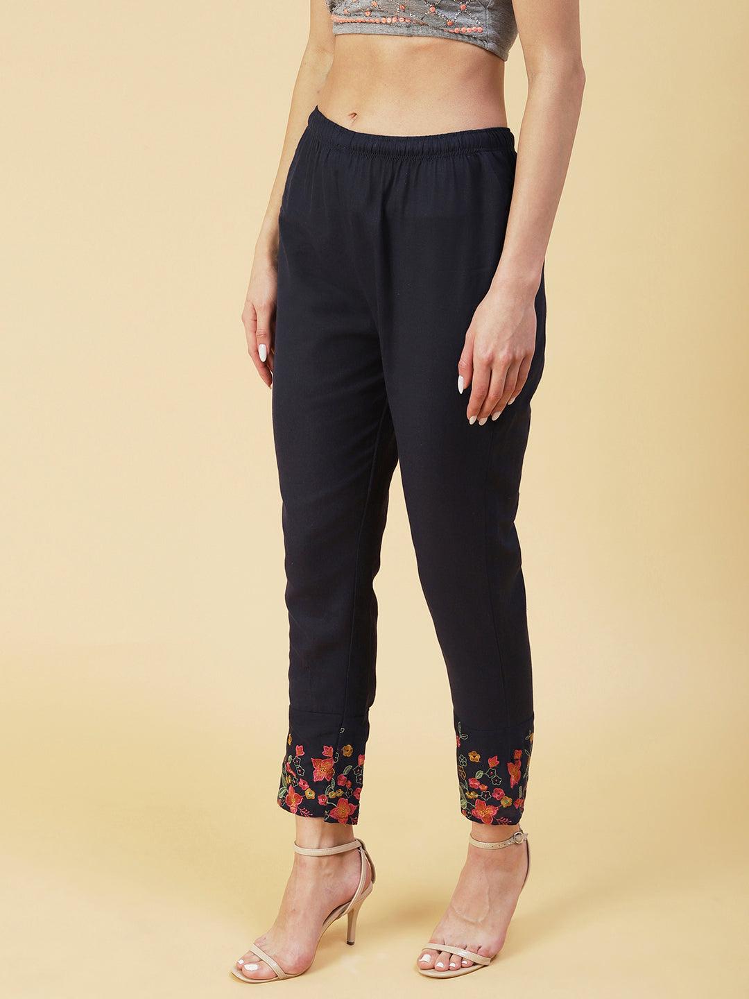 Floral Embroidered Straight Fit Pant - Dark Grey - Indiakreations