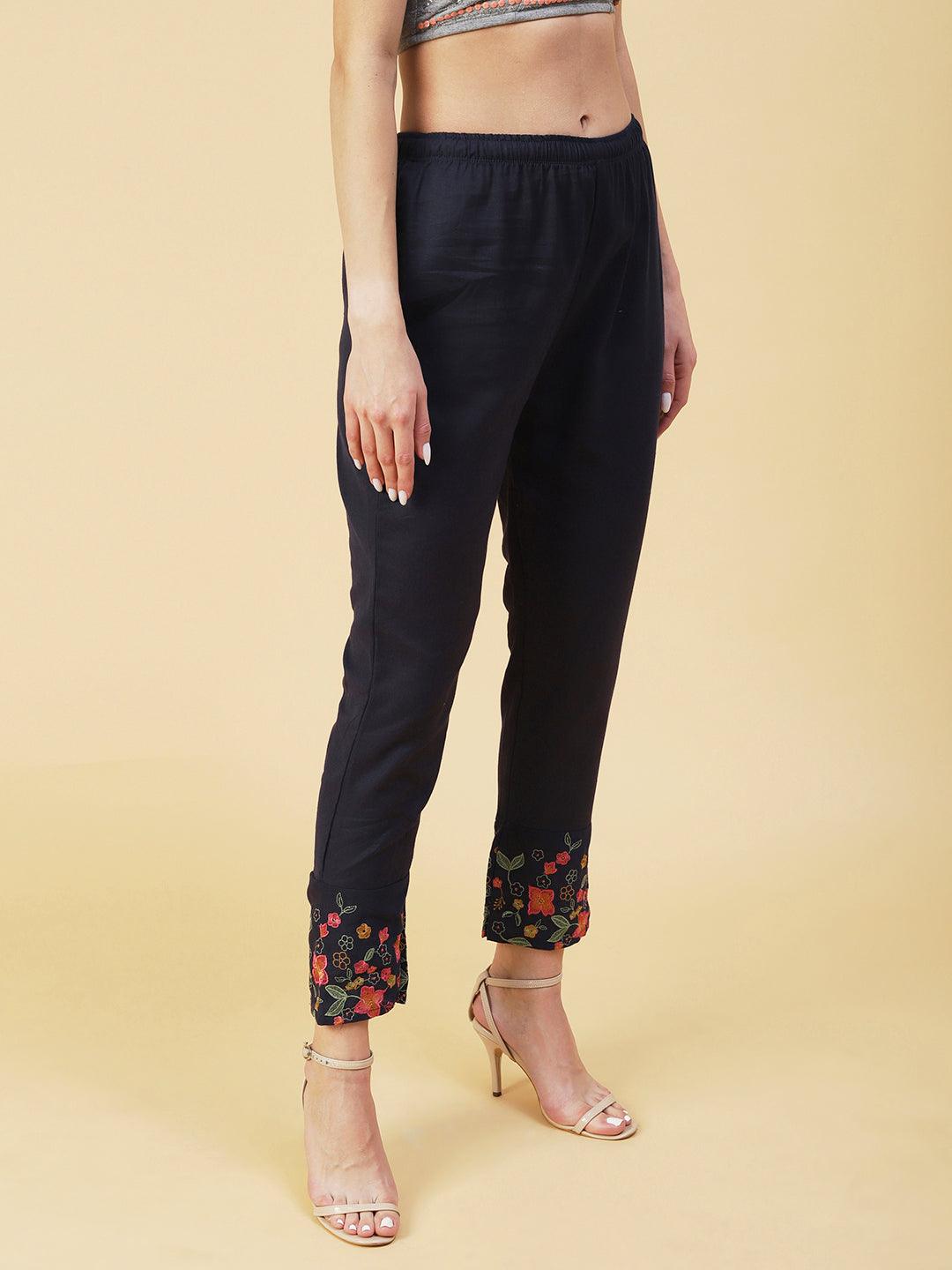 Floral Embroidered Straight Fit Pant - Dark Grey - Indiakreations