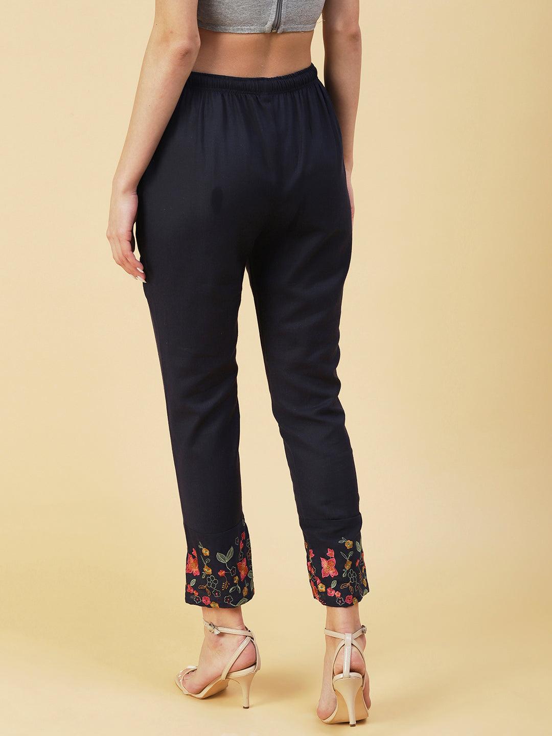 Floral Embroidered Straight Fit Pant - Dark Grey - Indiakreations