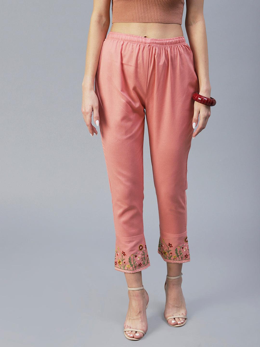 Floral Embroidered Straight Fit Pant - Peach - Indiakreations