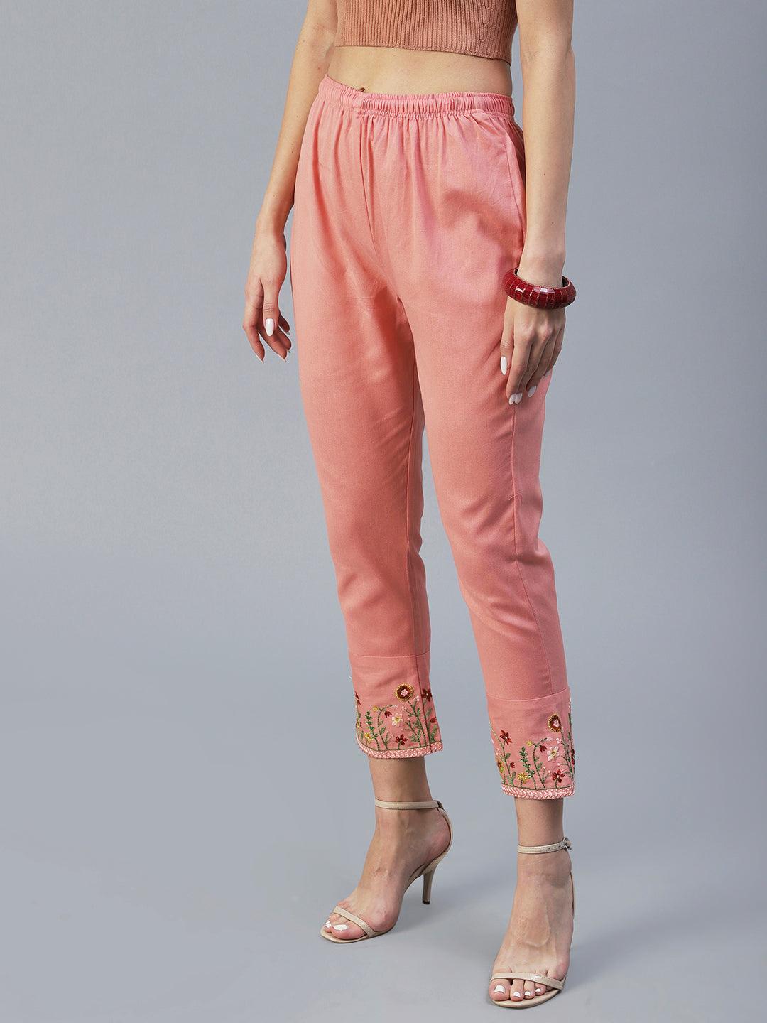 Floral Embroidered Straight Fit Pant - Peach - Indiakreations