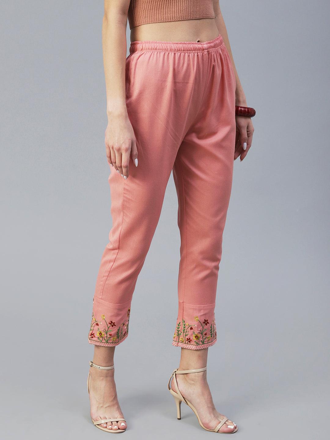 Floral Embroidered Straight Fit Pant - Peach - Indiakreations