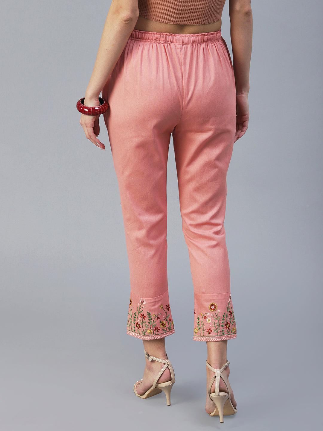 Floral Embroidered Straight Fit Pant - Peach - Indiakreations