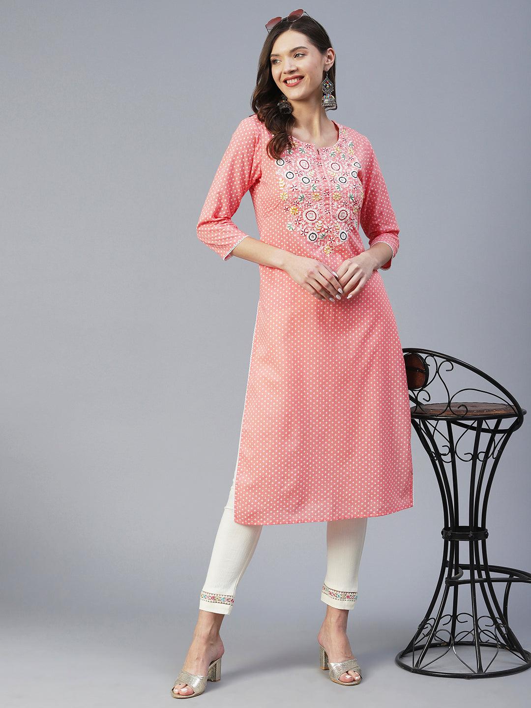 Ethnic Khari Printed & Chikankari Embroidered Straight Kurta - Peach - Indiakreations