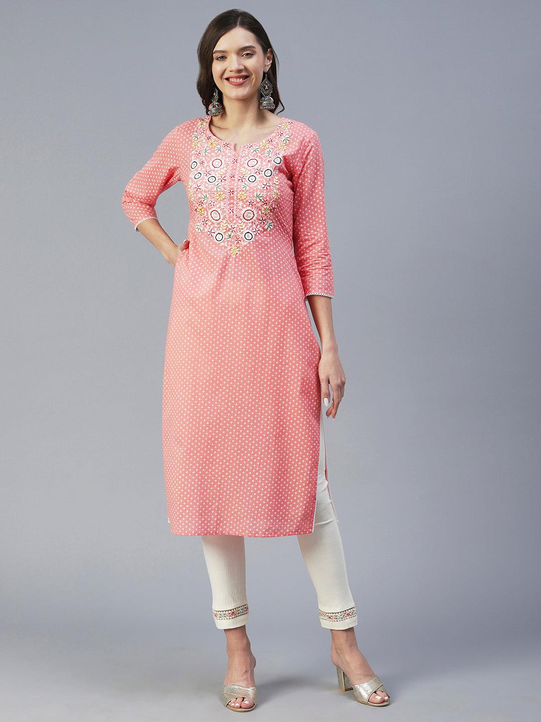 Ethnic Khari Printed & Chikankari Embroidered Straight Kurta - Peach - Indiakreations