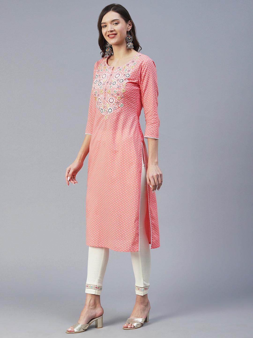 Ethnic Khari Printed & Chikankari Embroidered Straight Kurta - Peach - Indiakreations