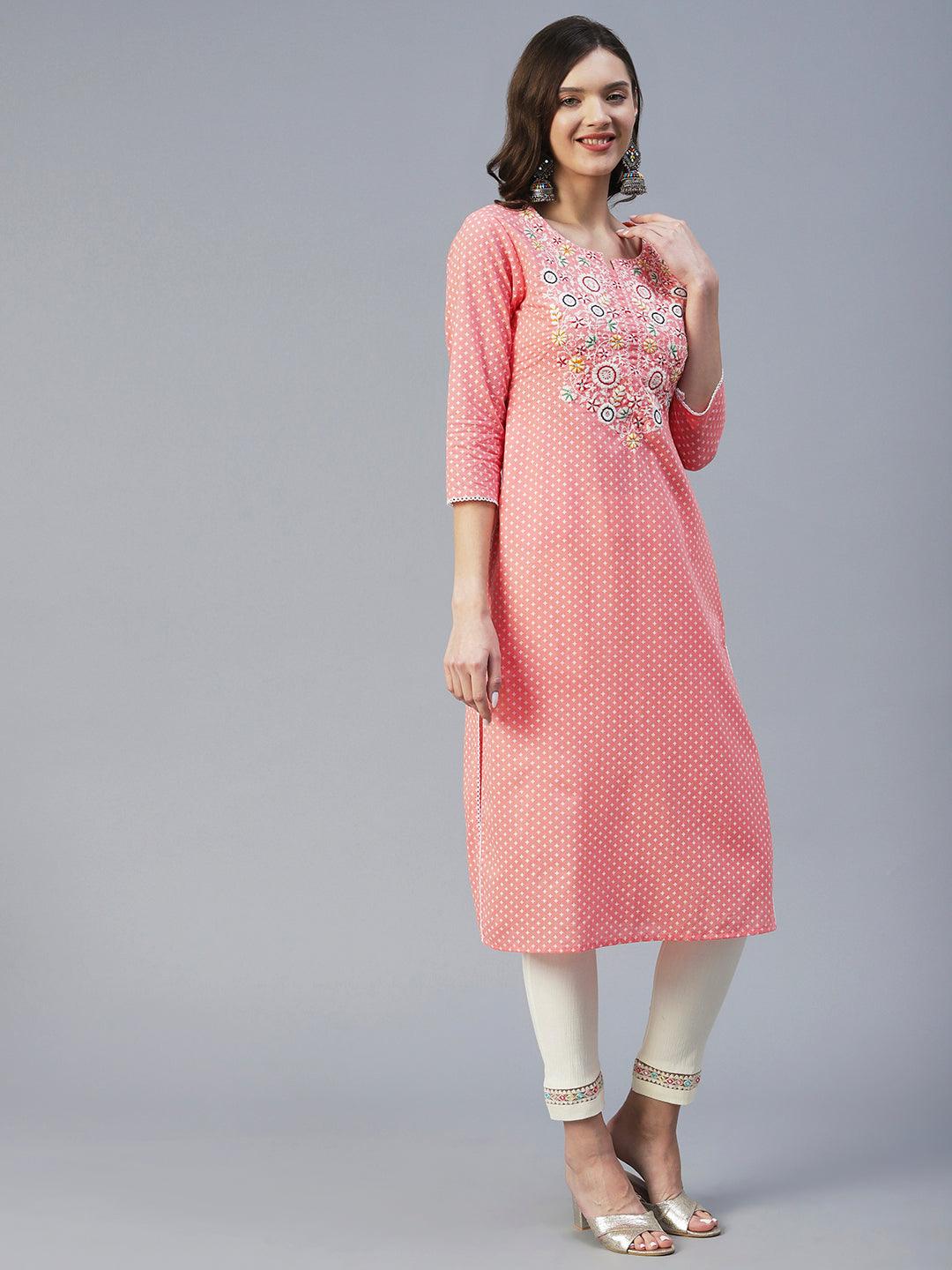 Ethnic Khari Printed & Chikankari Embroidered Straight Kurta - Peach - Indiakreations